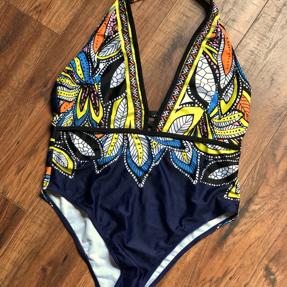 Deep V Neck One Piece Swimsuit-Sz XL